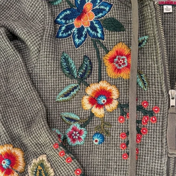 Johnny Was Gray Floral Ardell Embroidered Zip Hoodie Metallic Thread Large - Picture 4 of 7